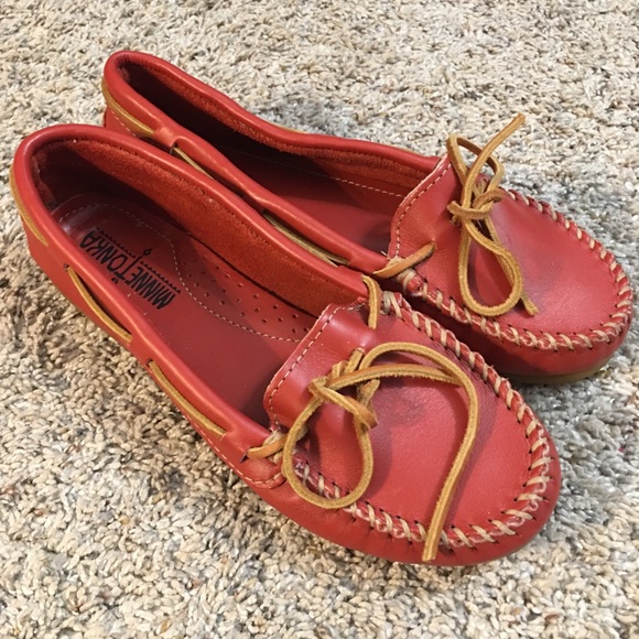 Minnetonka Shoes Minnetonka Red Leather Moccasinsshoes Poshmark